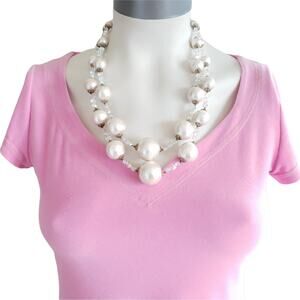 Vtg 50s double strand faux pearl snowball crystal statement necklace mid century